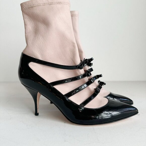 Red By Valentio Bow Detail Place PAtent Leather Nude beige Illusion Booties 37 - Picture 4 of 11